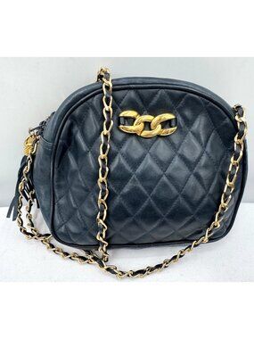 Vintage 90's Navy Blue Quilted Leather Crossbody Bag Silver Chain Tassel Handbag